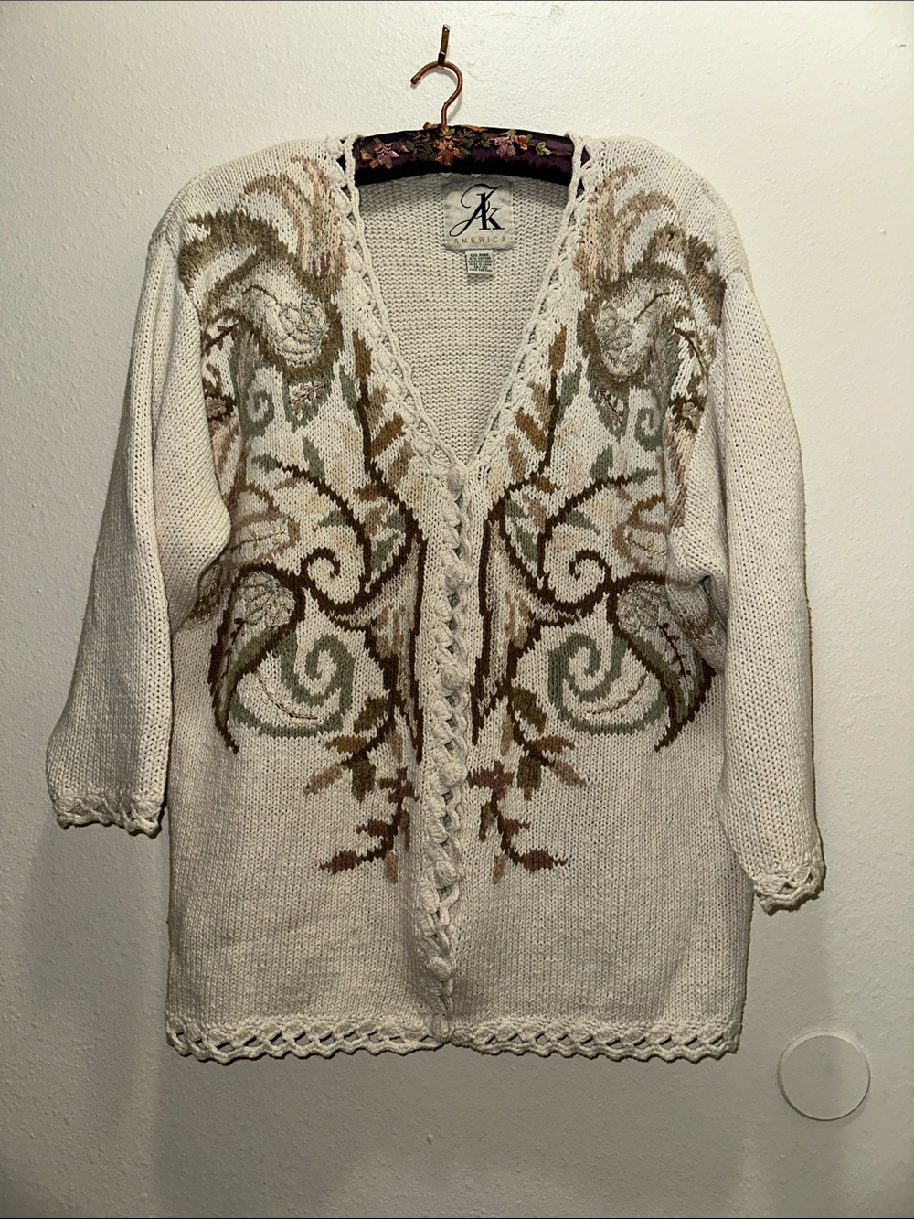 JK Designs Cream Open-Front Cardigan with Multicolor Scroll Embroidery